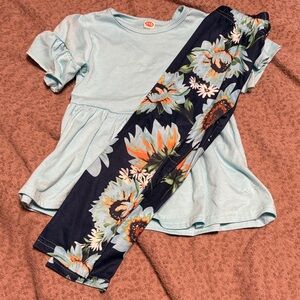 Blue Top and Floral Leggings Set